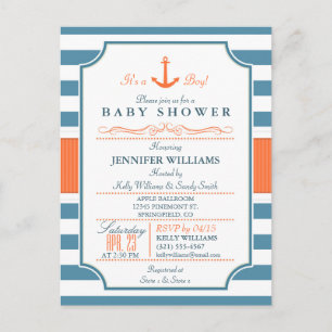 Nautical Blue and Orange Anchor Baby Shower Invitation Postcard