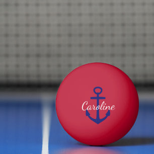 Nautical Blue and White Anchor Monogram on Red Ping Pong Ball
