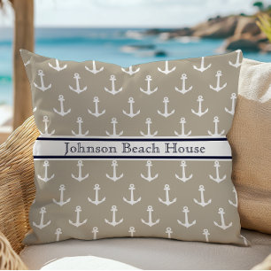 Nautical Blue And White Anchor Pattern Name Cushion