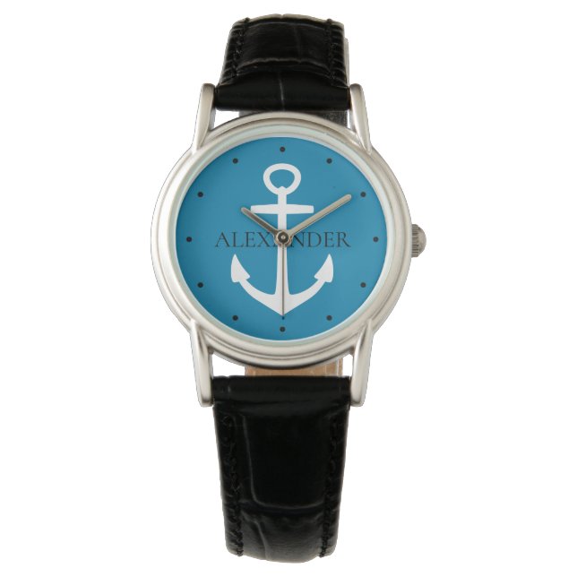 Nautical Blue and White Anchor Personalised Watch (Front)