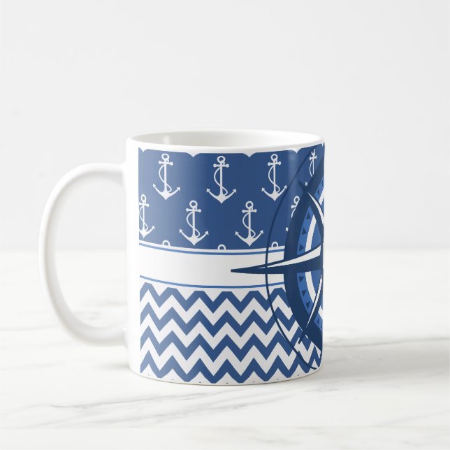 Nautical Blue and White Chevron and Anchor Pattern Coffee Mug (Left)