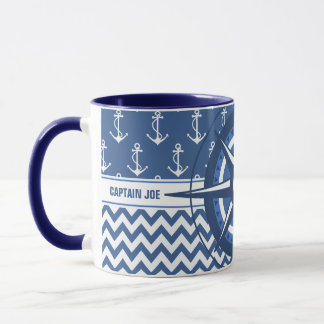 Nautical Blue and White Chevron Custom Captains Mug