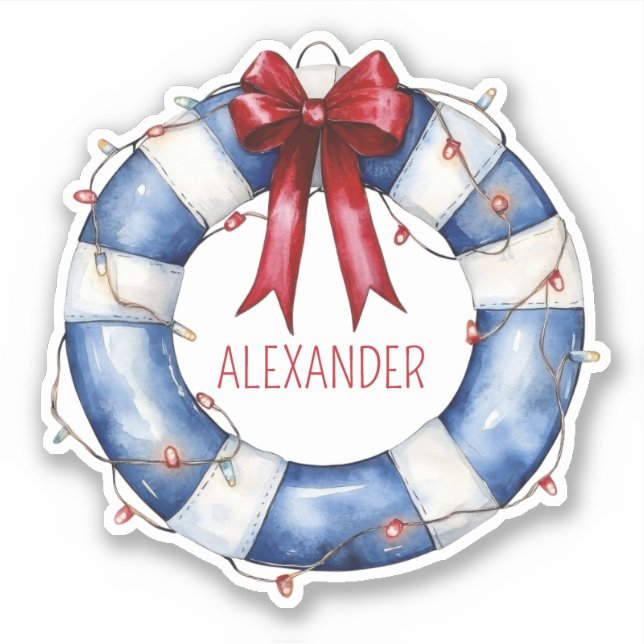 Nautical Blue and White Life Preserver and Red Bow (Front)