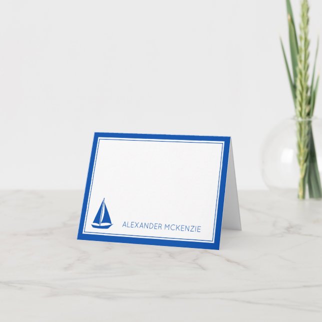 Nautical Blue and White Sailboat Personalised Note Card (Front)