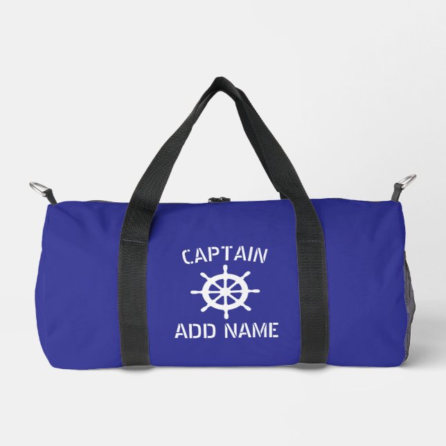 Nautical blue and white ship wheel logo custom duffle bag (Front)