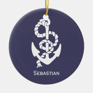 Nautical Blue And White Ships Anchor And Rope Ceramic Tree Decoration