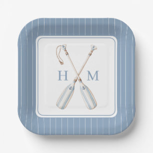 Nautical Blue and White Stripe Boat Oars Monogram Paper Plate