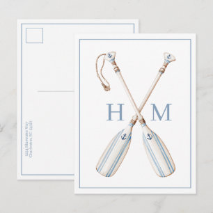 Nautical Blue and White Stripe Boat Oars Monogram Postcard