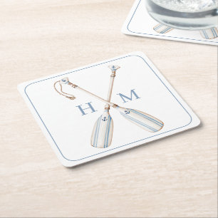 Nautical Blue and White Stripe Boat Oars Monogram Square Paper Coaster