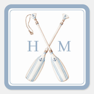 Nautical Blue and White Stripe Boat Oars Monogram Square Sticker