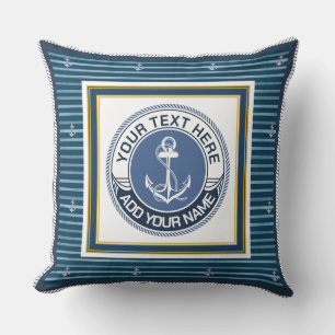 Nautical Blue and White Striped Anchor Custom Name Cushion