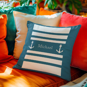 Nautical Blue And White Stripes Anchor Name Cushion
