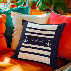Nautical Blue And White Stripes Anchor Name Cushion