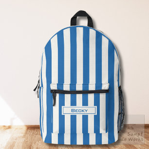 Nautical Blue and White Stripes and Name Printed Backpack