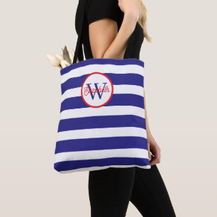 Nautical Blue and White Stripes Monogram Tote Bag
