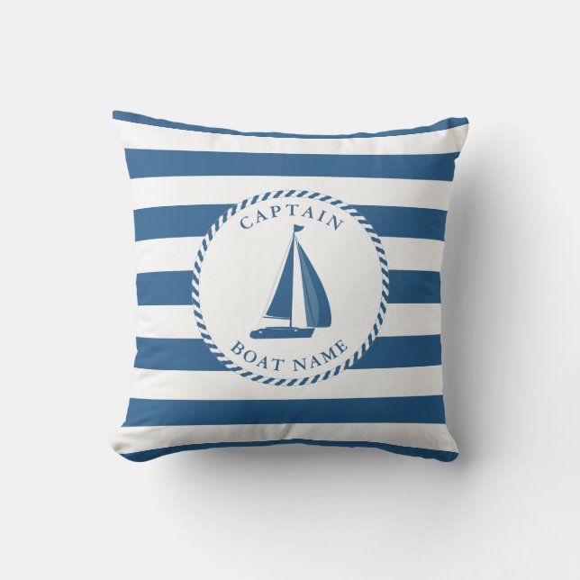 Nautical Blue and White Stripes Sailboat Captain Cushion (Front)