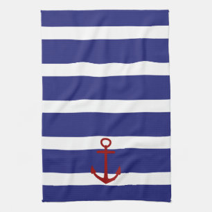 Nautical Blue and White Stripes with Red Anchor Tea Towel