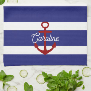 Nautical Blue and White Stripes with Red Anchor Tea Towel