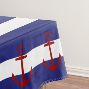 Nautical Blue and White Stripes with Red Anchors Tablecloth