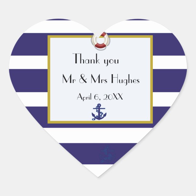 Nautical blue and white wedding thank you heart sticker (Front)