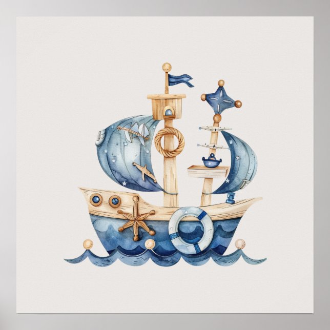 Nautical Blue Baby Boy Sailing Ship Poster (Front)