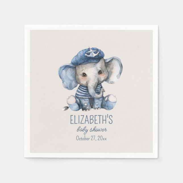 Nautical Blue Baby Elephant Baby Shower Napkin (Front)