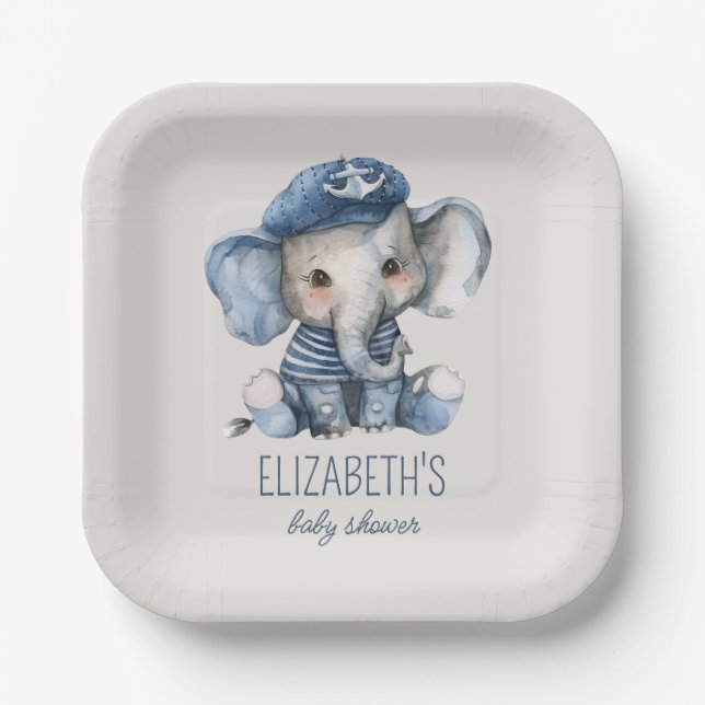 Nautical Blue Baby Elephant Baby Shower Paper Plate (Front)