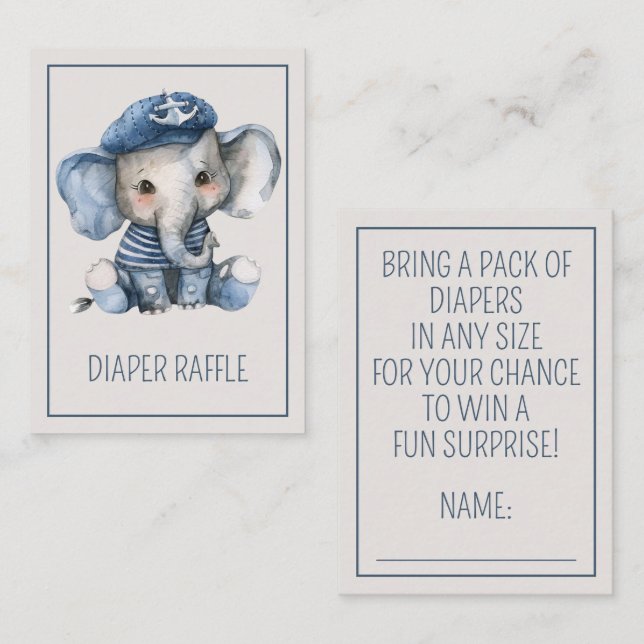 Nautical Blue Baby Elephant Diaper Raffle Enclosure Card (Front/Back)