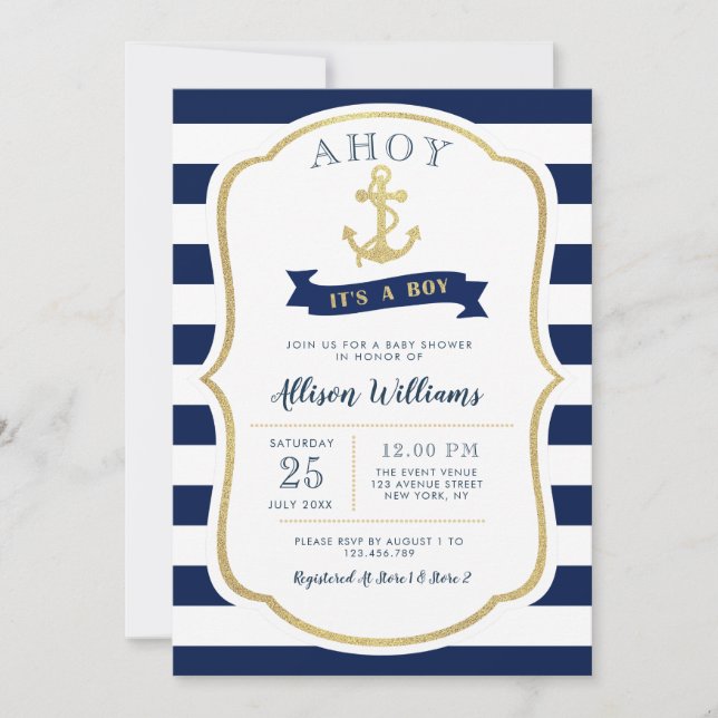 nautical blue baby shower invitation (Front)