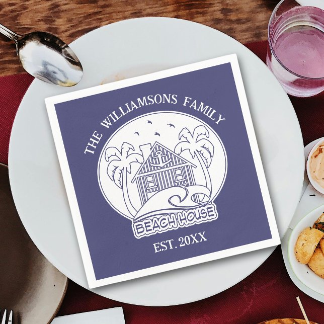 Nautical Blue Beach House White Family Name Anchor Napkin (Creator Uploaded)