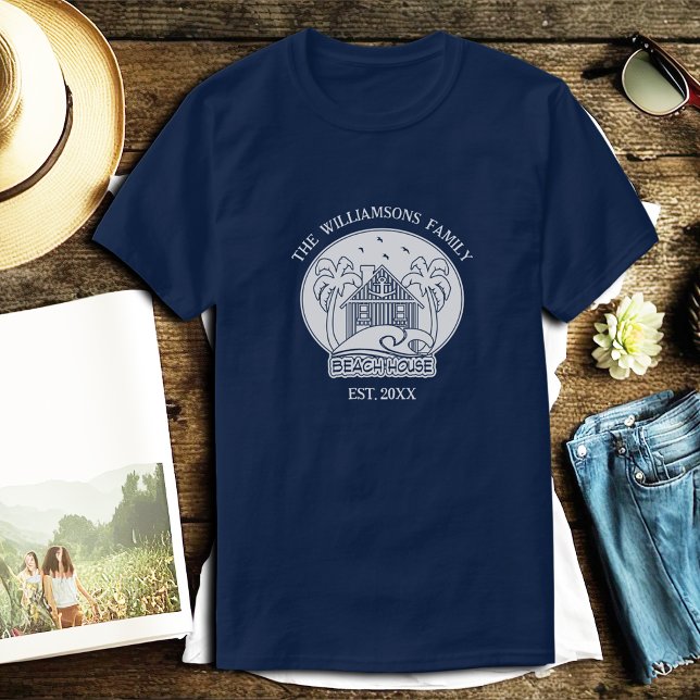 Nautical Blue Beach House White Family Name Anchor T-Shirt (Creator Uploaded)