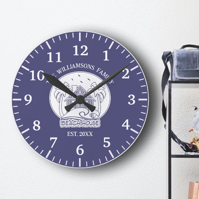 Nautical Blue Beach House White Family Name Summer Round Clock (Creator Uploaded)