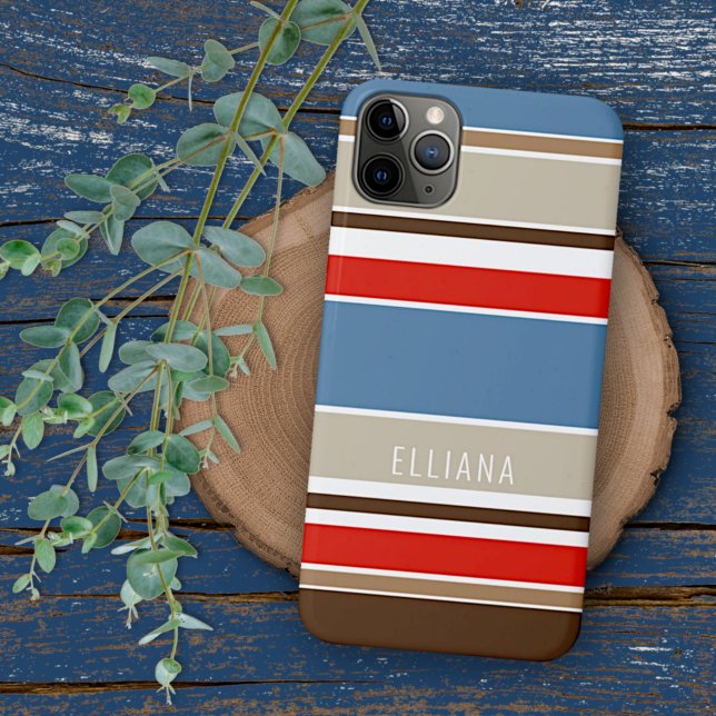 Nautical Blue Beige Brown Dark Red White Stripes iPhone Case (Creator Uploaded)
