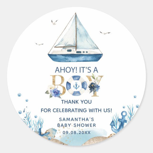Nautical Blue Boat Ahoy It's a Boy Baby Shower Classic Round Sticker (Front)