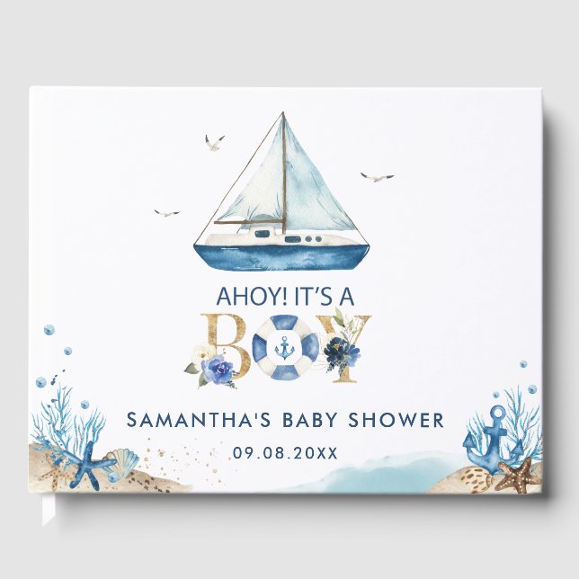 Nautical Blue Boat Ahoy It's a Boy Baby Shower Gue Guest Book (Front)