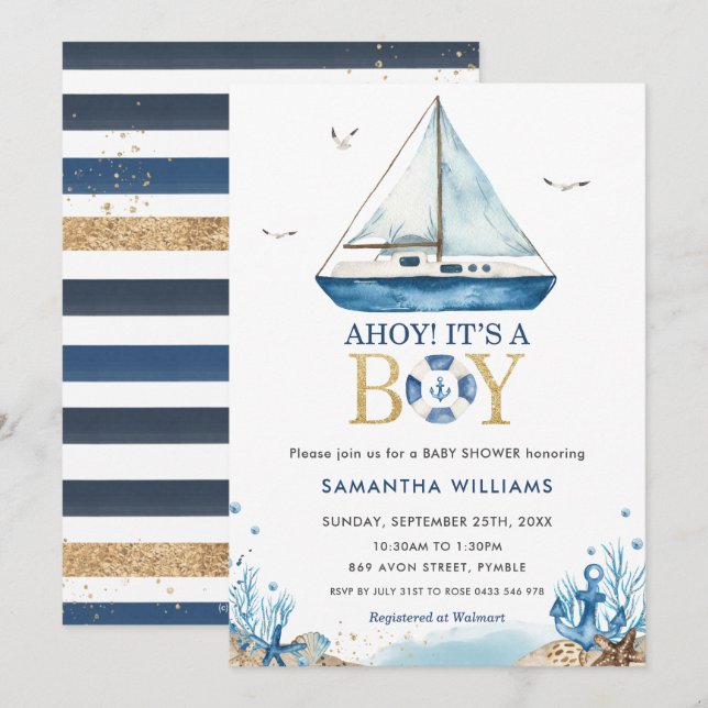 Nautical Blue Boat Ahoy It's a Boy Baby Shower Invitation (Front/Back)