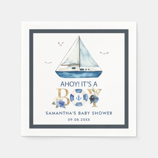 Nautical Blue Boat Ahoy It's a Boy Baby Shower Napkin (Front)