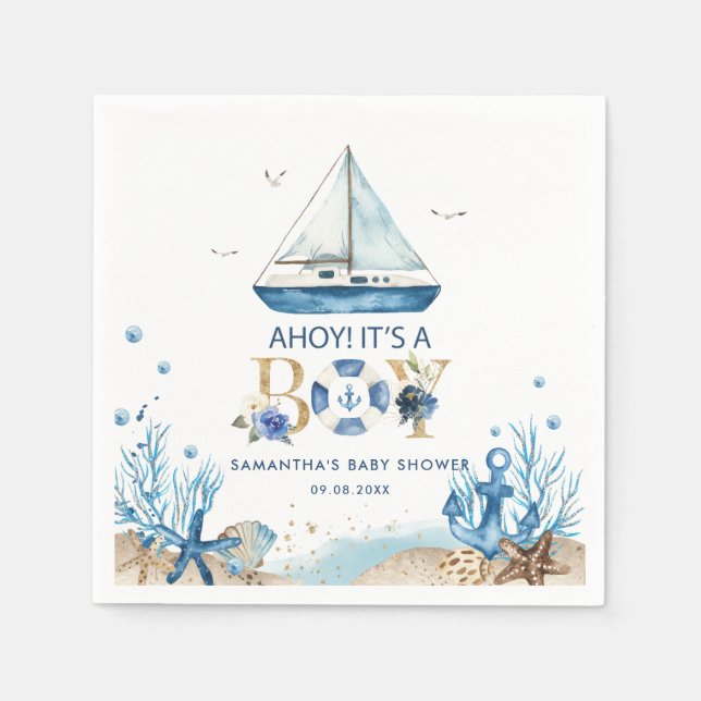 Nautical Blue Boat Ahoy It's a Boy Baby Shower Napkin (Front)
