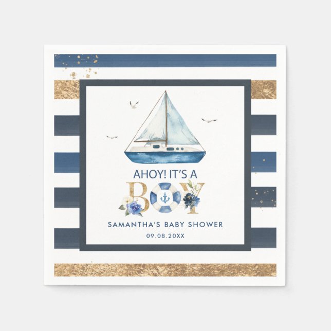 Nautical Blue Boat Ahoy It's a Boy Baby Shower Napkin (Front)