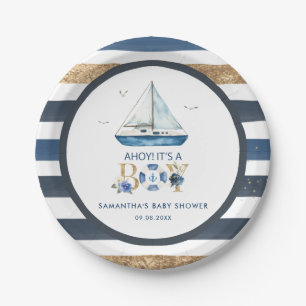 Nautical Blue Boat Ahoy It's a Boy Baby Shower Paper Plate