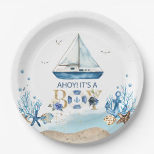 Nautical Blue Boat Ahoy It's a Boy Baby Shower Paper Plate