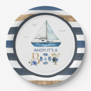 Nautical Blue Boat Ahoy It's a Boy Baby Shower Paper Plate