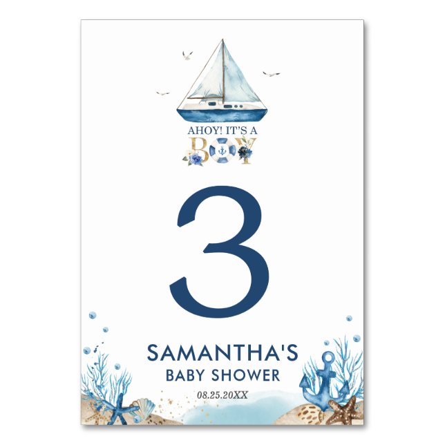 Nautical Blue Boat Ahoy It's a Boy Baby Shower Table Number (Front)