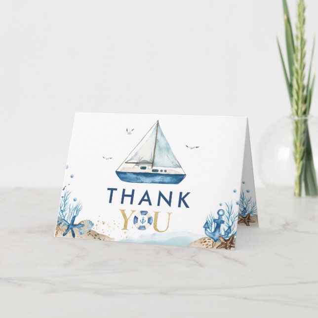 Nautical Blue Boat Ahoy It's a Boy Baby Shower Thank You Card (Front)