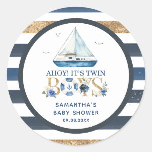 Nautical Blue Boat Ahoy It's Twin Boys Favour Classic Round Sticker