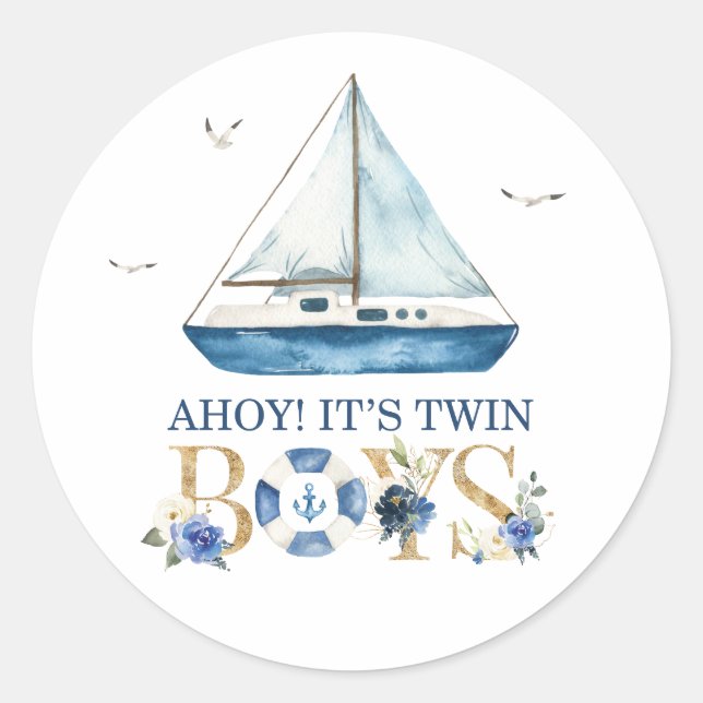 Nautical Blue Boat Ahoy It's Twin Boys Thank You Classic Round Sticker (Front)