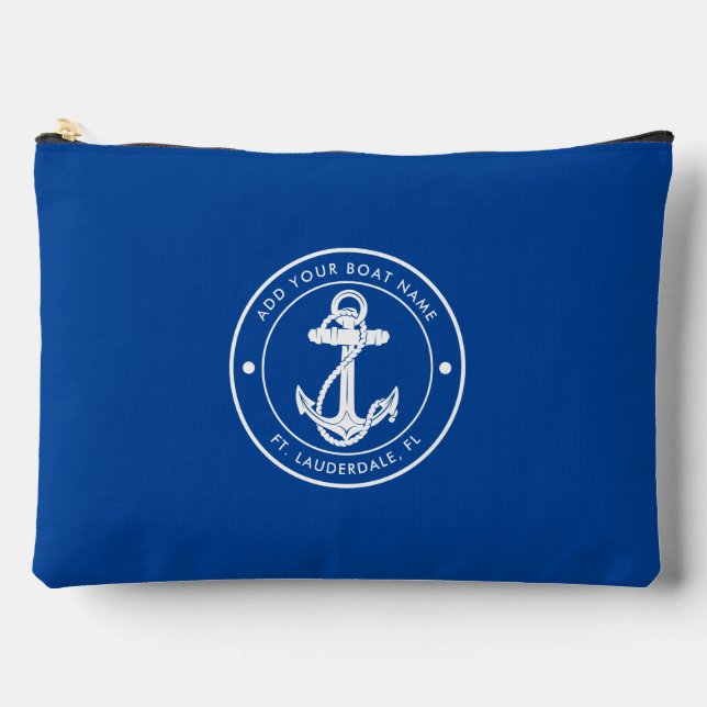 Nautical Blue Boat Anchor and Name Custom Accessory Pouch (Front)