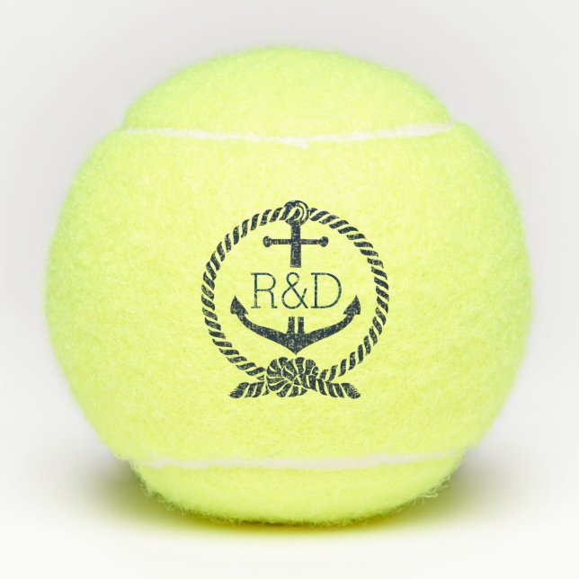 Nautical Blue Boat Anchor & Rope Knot Tennis Balls (Front)