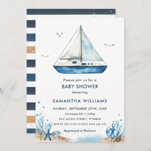 Nautical Blue Boat Baby Shower Invitation
