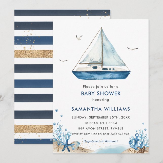 Nautical Blue Boat Baby Shower Invitation (Front/Back)